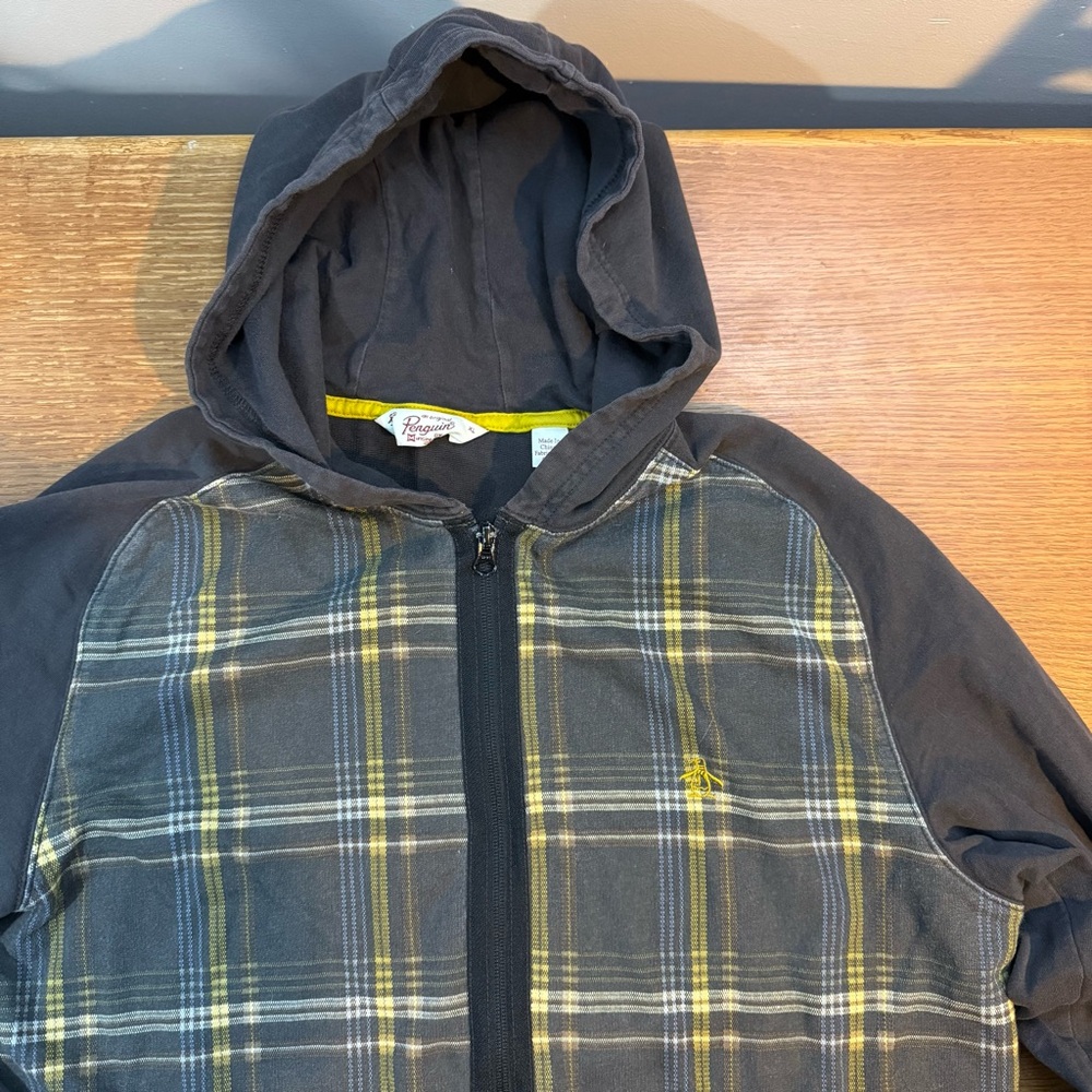 Original Penguin Munsingwear Mens Hoodie Sweater Jacket Gray Plaid Check Preppy